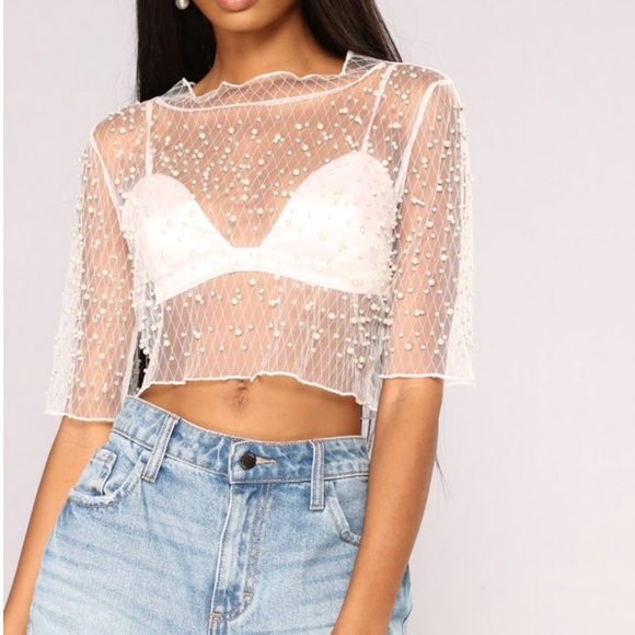 white pearl mesh top